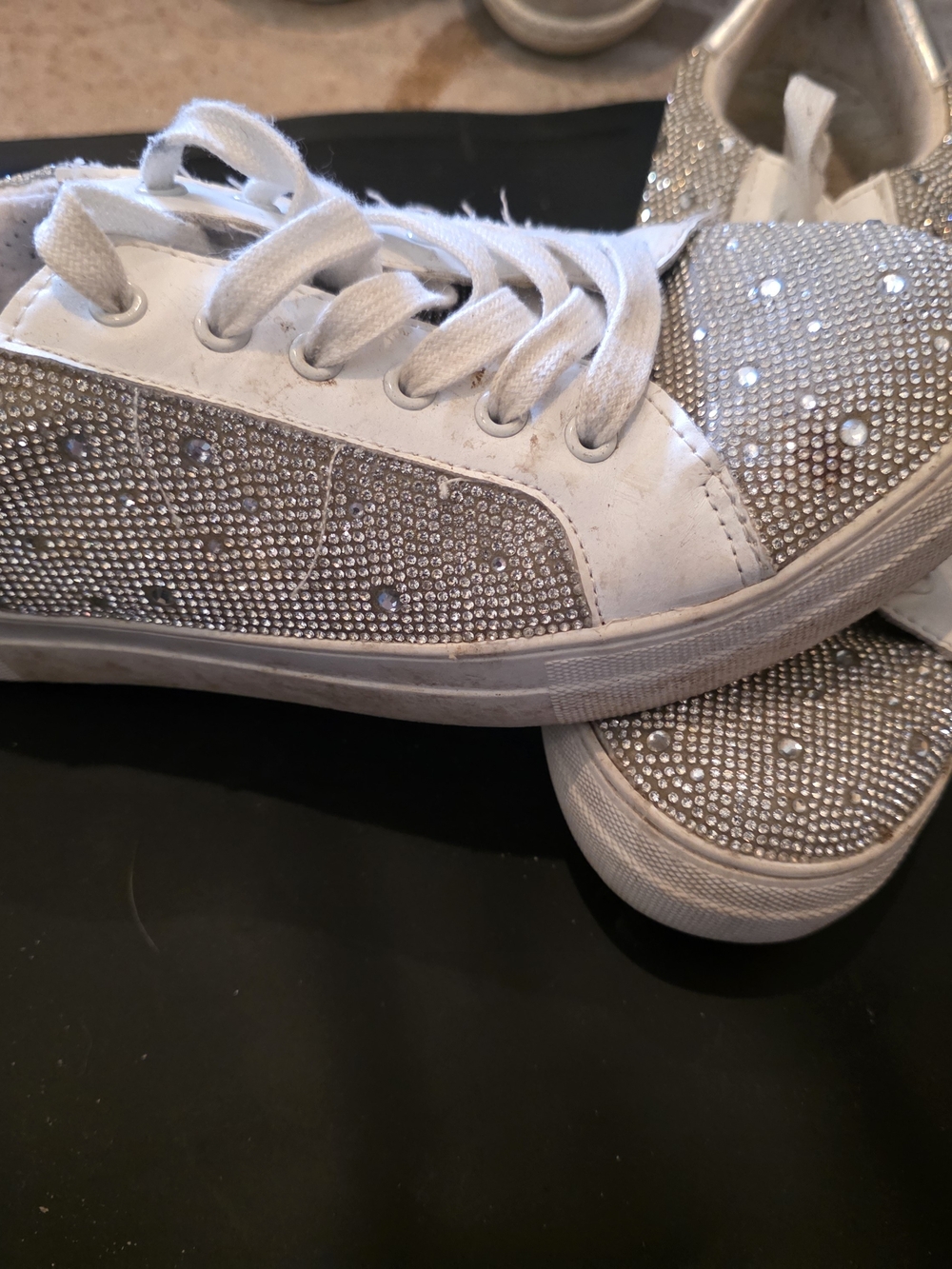 Soda White and Silver Rhinestone Lace-Up Sneakers